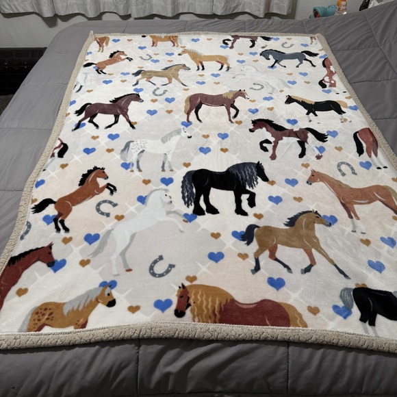 Other - Horse Print Sherpa Lined Throw Blanket Blue Gold Hearts Horseshoe Fleece 46x62